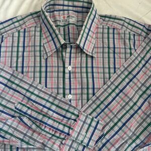 Turnbull & Asser Men's Dress Button UP Shirt Large French Cuff Plaid Blue Pink
